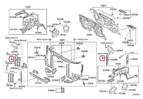 Diagram showing placement of 20 Pack Push In Engine Splash Shield Fender Liner Trunk Lid Trim Retainer Clips 90467-07201 For Toyota Lexus