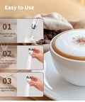 Rechargeable Milk Frother With 3 Heads, USB C Handheld Foam Maker shown in use with coffee instructions next to latte cup