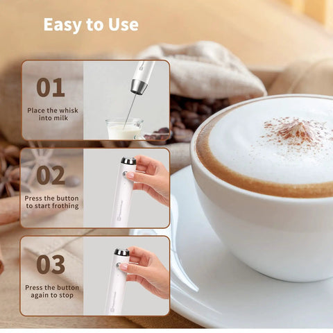 Rechargeable Milk Frother With 3 Heads, USB C Handheld Foam Maker shown in use with coffee instructions next to latte cup