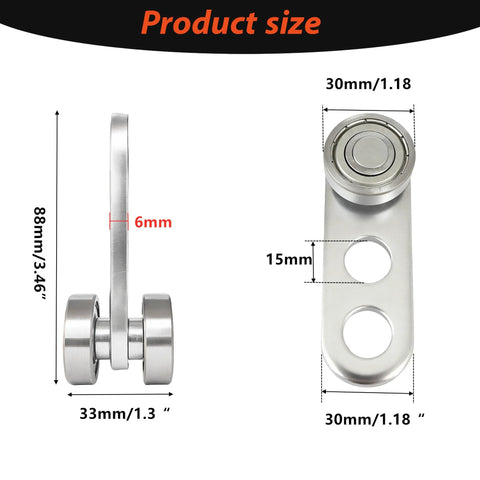 Side and front view of Two Wheel Silent Trolley Assembly Rollers with size dimensions for 1-5-8 inch wide strut channel use.