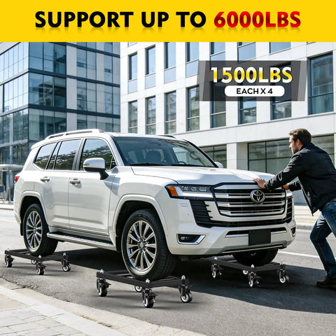 Heavy Duty Car Dolly Set Of Four Rock Solid 6000 Lbs Wheel Dollies With Parallel Tube Grip in use with an SUV on smooth pavement.