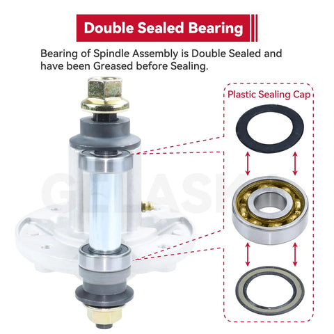 GY21098 Spindle Assembly With Idler Pulley Kit For John Deere D140 D155 D160 La145 featuring double sealed bearing, greased for durability.