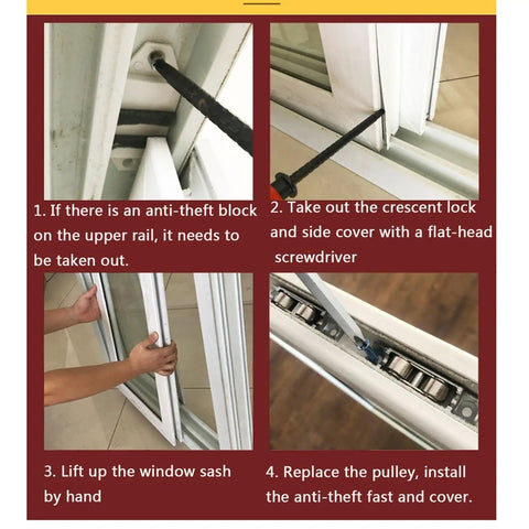 Installation steps for Top Shelf Plastic Steel Door And Window Pulleys Sporting Double Grooved Wheels With Reinforced Bearings.