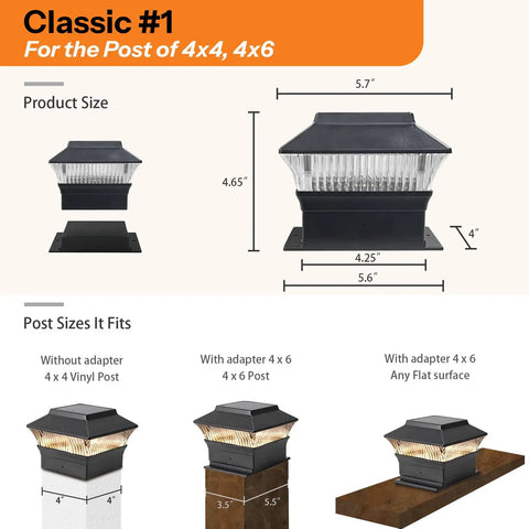 Dimensions and compatibility of 8 Pack Solar Post Cap Lights for Flat Surfaces and 4x4 Vinyl Posts Also Fits 4x6 Wood Sits On Top.