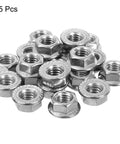 Knockout Quality 304 Stainless Steel Hex Flange Lock Nuts 3/8-16 Thread Non Slip Serrated Base Full Length Threading Built Tough For Tricky Auto And Gear Projects 25 Pack Lot stacked together in a pile.