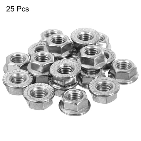 Knockout Quality 304 Stainless Steel Hex Flange Lock Nuts 3/8-16 Thread Non Slip Serrated Base Full Length Threading Built Tough For Tricky Auto And Gear Projects 25 Pack Lot stacked together in a pile.