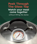 12 Inch Stainless Cheese Melt Dome With Glass Lid And Built In Thermometer Up To 700 F Steam Vent For Faster Melts On Burgers And Veggies The Go To For Flat Top Griddles BBQ And Hibachi Grills showing glass top and thermometer.