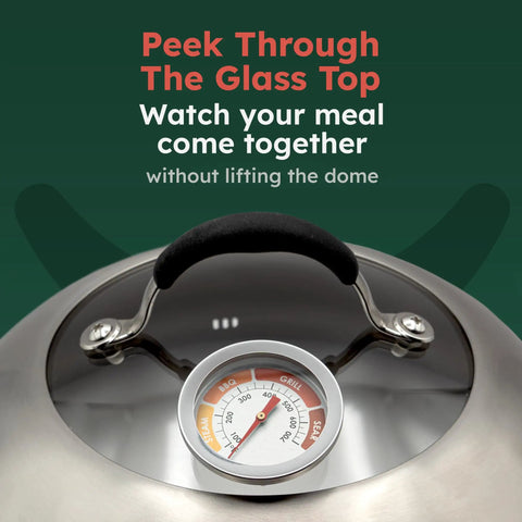 12 Inch Stainless Cheese Melt Dome With Glass Lid And Built In Thermometer Up To 700 F Steam Vent For Faster Melts On Burgers And Veggies The Go To For Flat Top Griddles BBQ And Hibachi Grills showing glass top and thermometer.