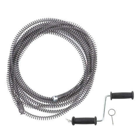 Heavy Duty 16 MM Drain Auger Cable For Drill Powered Plumbing Snake with handle, coiled cable, and cleaning tool for pipes.
