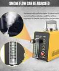 12V Automotive Smoke Machine And EVAP Leak Detector showing adjustable airflow meter and smoke output for leak detection.