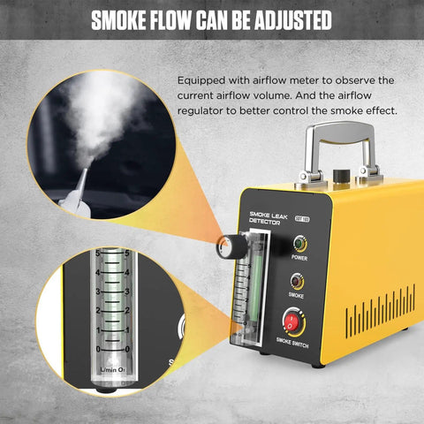 12V Automotive Smoke Machine And EVAP Leak Detector showing adjustable airflow meter and smoke output for leak detection.
