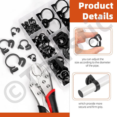 56 Pieces Nylon Hose Clamps Set In 5 Sizes Double Snap Grip Heavy Duty Ratcheting Clamps shown with snap fastener tool.