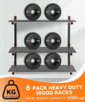 Hella Strong Wall Mounted Lumber Rack Six Pack Wood Storage Organizer Built Tough 1080 Pound Capacity displaying weights on shelves.