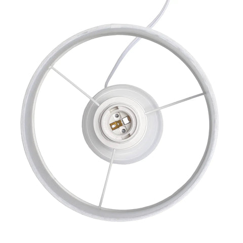 Bottom view of Textured Linear Ceramic Table Lamp In Off White With White Fabric Shade Pottery Style Cozy Vibe Uses 60W A19 Bulb