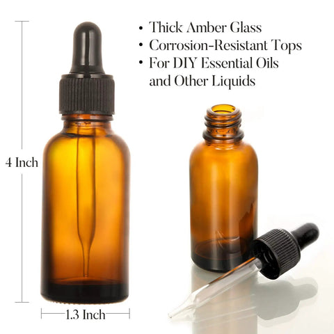 Super Durable 24 Pack 1 Oz Amber Glass Eye Dropper Bottles With Stainless Funnels And Label Sheets, showing 4 inch amber bottles with dropper.