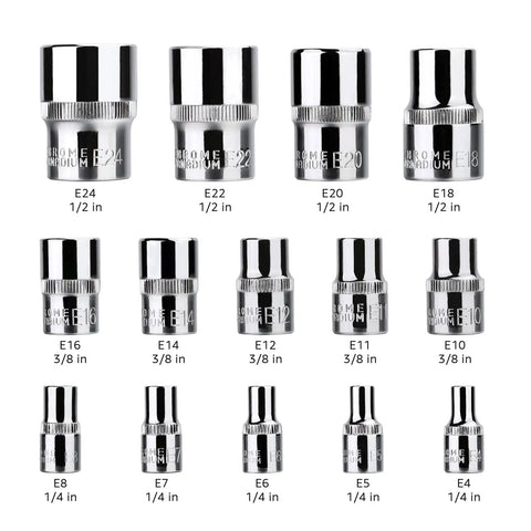 Set of 14 chrome sockets from Go-To 3/8-Inch Drive 6 Point Impact Socket Set With Carrying Case, 44-Piece Cr-Mo Steel Heavy-Duty Kit For Auto And Garage.