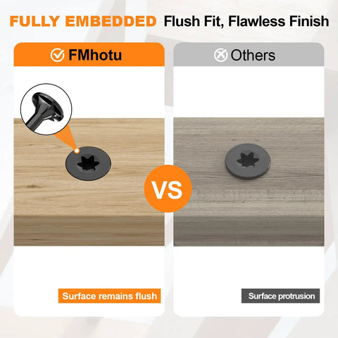 Comparison of deck screws flush fit vs surface protrusion in wood, highlighting Deck Screws Set 100 Pcs Black 8 By 1 Inch Star Drive Wood Screws For Timber Logs And Landscaping Projects Built To Last Rust Resistant Outdoor Grade Alloy Steel T20 Bit Included.