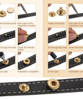 Installation steps for Pro Grade 50 Piece Leather Snap Fastener Kit With Killer Bronze Metal Press Studs on black leather.