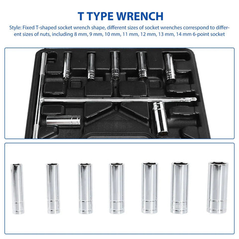 Beefy Metric T Handle Socket Wrench Set Rock Solid Vanadium Steel Spanners With Knurled Grip For Tough Garage Work showing various socket sizes.