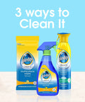 Packaging of Pledge multisurface wipes, blue spray cleaner, and yellow cleaner on a marble counter with text "3 ways to Clean It"