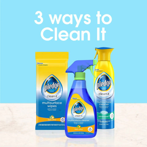 Packaging of Pledge multisurface wipes, blue spray cleaner, and yellow cleaner on a marble counter with text "3 ways to Clean It"
