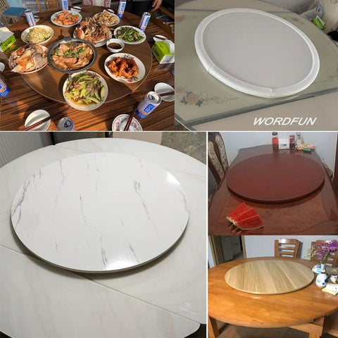 Solid 39 Inch Round Wooden Lazy Susan Rotating Serving Tray With Smooth Swivel Base and Super Grippy Non Slip Bottom used at a dining table.