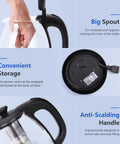 Electric Kettle With Tea Infuser 1L No Fuss Quick Boil Keep Warm LED Indicator Light Auto Shut Off Boil Dry Protection BPA Free Black Compact Countertop Kitchen Essential For Coffee And Tea Lovers with big spout, convenient storage, and anti-scalding handle.
