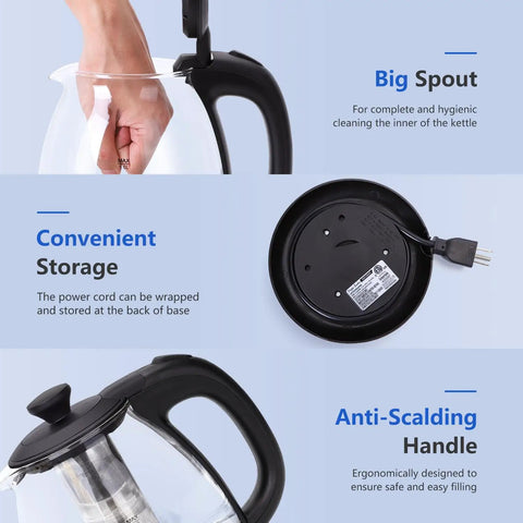 Electric Kettle With Tea Infuser 1L No Fuss Quick Boil Keep Warm LED Indicator Light Auto Shut Off Boil Dry Protection BPA Free Black Compact Countertop Kitchen Essential For Coffee And Tea Lovers with big spout, convenient storage, and anti-scalding handle.
