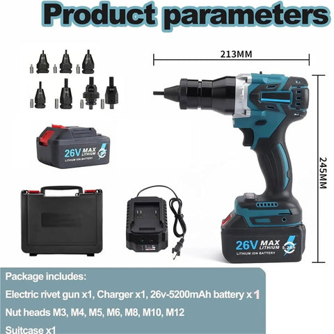 Pro Level Cordless Electric Rivet Nut Gun And Heavy Duty Battery Powered Automatic Riveter Toolkit With 26V Pack and accessories.