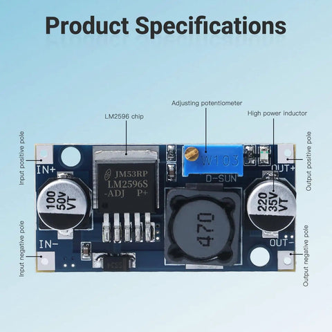 Detailed view of Five Pack LM2596 Buck Converter Step Down Modules 3.0 To 40V Input 1.5 To 35V Adjustable Output Voltage Regulator Power Supply With LED Indicator For DIYers Great For Hobbyists And Makers showing components and labels.