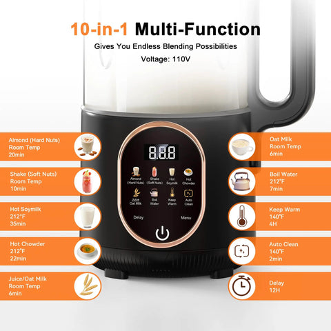 50 Oz Nut Milk Maker Machine Ten In One Automatic Plant Based Milk Maker Do It All For Homemade Almond Oat Coconut Soy Milk Juice And More With 20 Blades Delay Start Boil Water Keep Warm Auto Clean, showing digital control panel with various function icons and buttons.