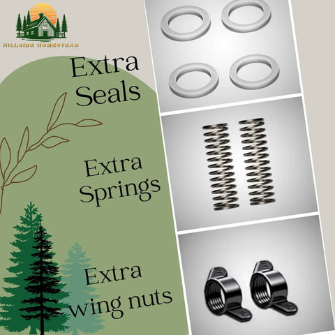 Spill Proof Automatic Chicken Waterer Cups 8 Pack With Free Setup Gear Drip Free Poultry Drinking Nipples, accessories including seals, springs, and wing nuts.