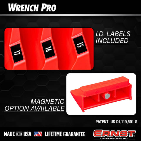 Modular Wrench Organizer For Twenty Tools With Magnetic Base Built In The USA, showing red compartments and ID labels
