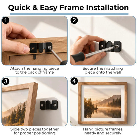 Super Sweet Kit Contains 40 Pairs Flush Mount Brackets for Picture Frames and Wall Decor showing installation steps for easy hanging.