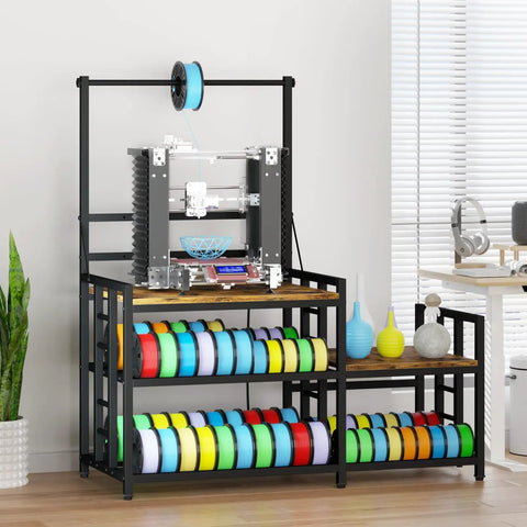 Heavy Duty 3D Printer Desk With Knockout Filament Storage Rack And Plug And Play Power Outlet, dual print station showcasing organized spools.