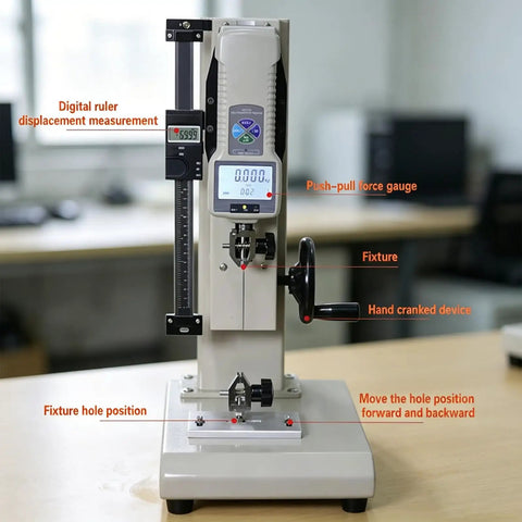 Heavy Duty Digital Push Pull Force Gauge With Smooth Hand Wheel Test Stand For Precision Tension Compression Checks, displaying digital ruler and fixtures.