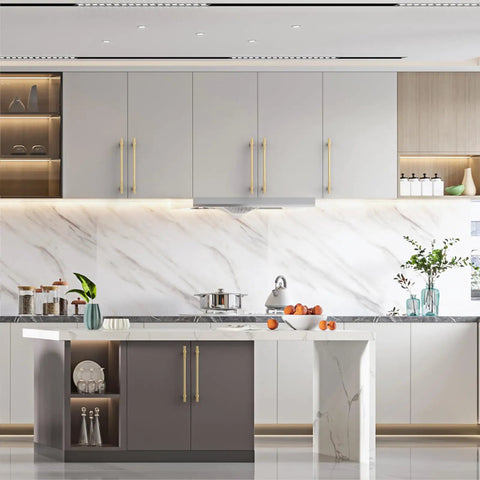 Modern kitchen featuring 10 Piece 10 Inch Brushed Gold Kitchen Cabinet Handles With Sleek Profile and durable gray cabinets.