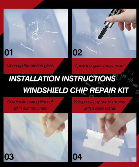 Hassle Free Windshield Chip Repair Kit Using Sun Activated Resin For Fast Auto Glass Crack Fixes Skip The Mechanic Save Some Green Quick Five Minute Diy Car Windshield Fix Two Bottle Kit installation instructions images showing each step of the repair process.