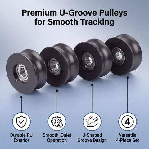 Precision Engineered Top Shelf PU Bearing Pulley Wheels 4 Pack Hella Durable U Groove Nylon Rollers Smooth Gliding Patio Door Hardware Replacement Set, showing four U-groove pulleys with durable PU exterior.