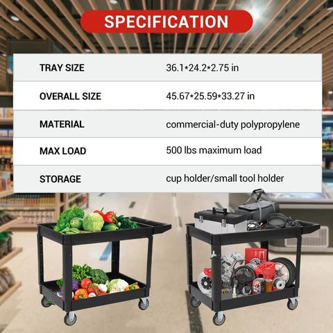 Rock Solid Heavy Duty Two Shelf Foldable Utility Cart With 500 Pound Capacity And Smooth Rolling Casters That Glide Like A Dream For Garage Warehouse Tool Storage Jobs, showcasing specifications and use.
