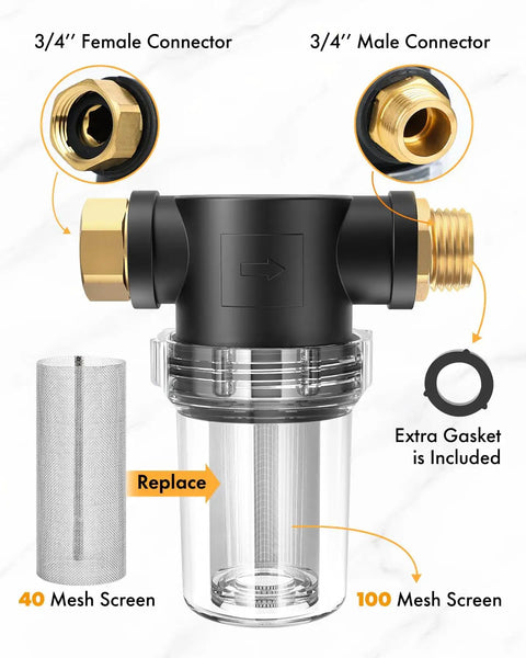 Inline Garden Hose Filter Attachment With One Hundred Mesh And Forty Mesh Screens Includes Two O Rings Three Quarters Inch Inlet Adapter