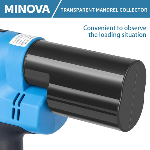 Heavy Duty Brushless Cordless Rivet Gun With 18V 4Ah Battery, close-up of transparent mandrel collector for loading visibility.