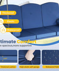 Close-up of the thick cushions and waterproof fabric of a three seat outdoor porch swing with adjustable canopy converts to bed.