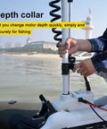 Depth collar adjustment on 12 Volt 55 Pound Thrust Bow Mount Trolling Motor With 54 Inch Shaft for easy fishing depth changes.