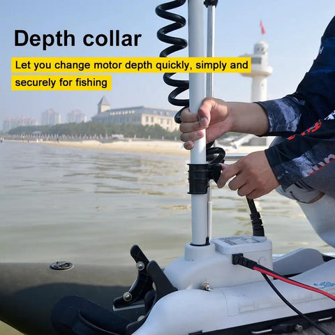 Depth collar adjustment on 12 Volt 55 Pound Thrust Bow Mount Trolling Motor With 54 Inch Shaft for easy fishing depth changes.