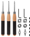 Carbide Mini Turning Tool Set For Wood Lathe 3 Piece With Flush Fit Comfort Grip Handles, cutters and accessories displayed.
