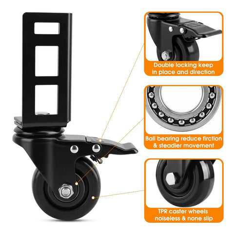 8 Pack 3 Inch Heavy Duty Caster Wheels With Beefy 3mm Steel Brackets 3000 Lbs Capacity For Storage Rack shows double locking and ball bearing features.