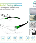 Rock Solid Pair Of Uv Shielding Safety Glasses With Anti Fog Scratch Proof Wraparound Lenses Perfect For Work Sports Yard Chores Or Driving Featuring Ansi Z871 Standard comfortable nose guard and flexible temples close-up view.