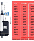 Heavy Duty DC 12V Linear Actuator With 1100mm Stroke And 12000N Rock Solid Thrust Built Tough IP67 Waterproof Construction dimensions chart