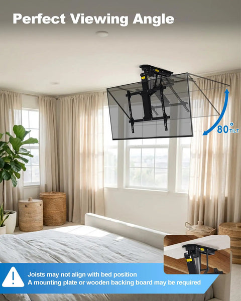 Motorized Drop Down Ceiling TV Mount Fits 32 To 70 Inch Screens With Wireless Remote showing perfect viewing angle and 80° tilt design.